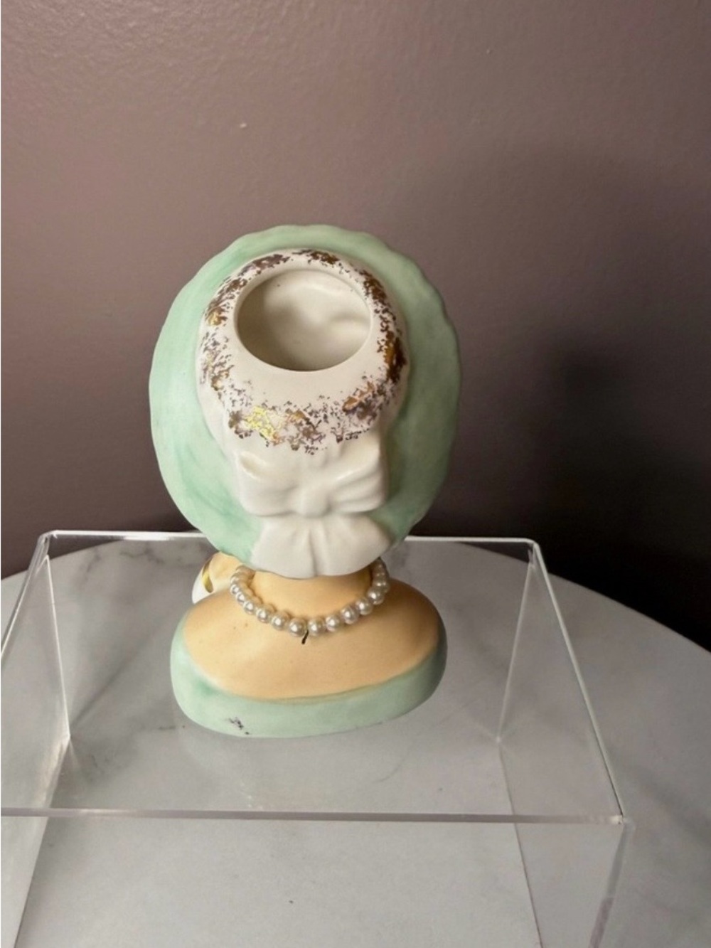 Ceramic Mini Lady Head Vase in Mint and Cream with Faux Pearl Accent - Picture 2 of 3